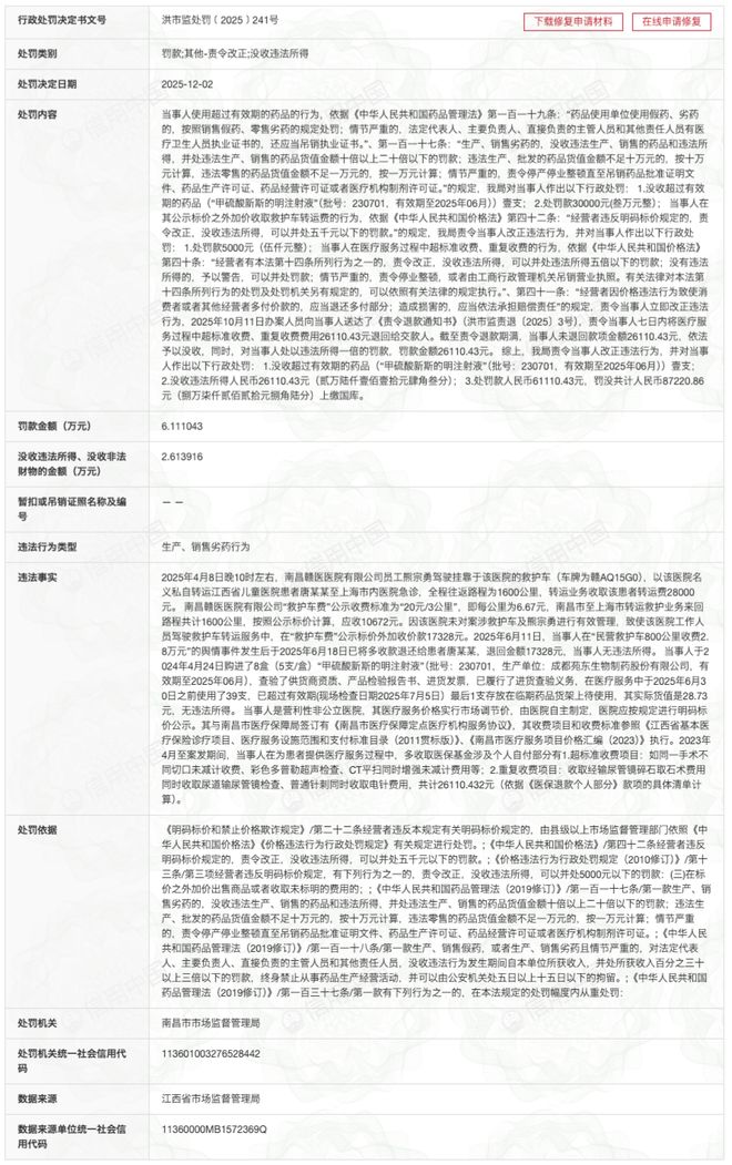 澳门新葡京官方入口800公里收费28万元！“天价救护车”涉事医院被罚没87万元！还存在使用过期药超标收费等行为(图3)